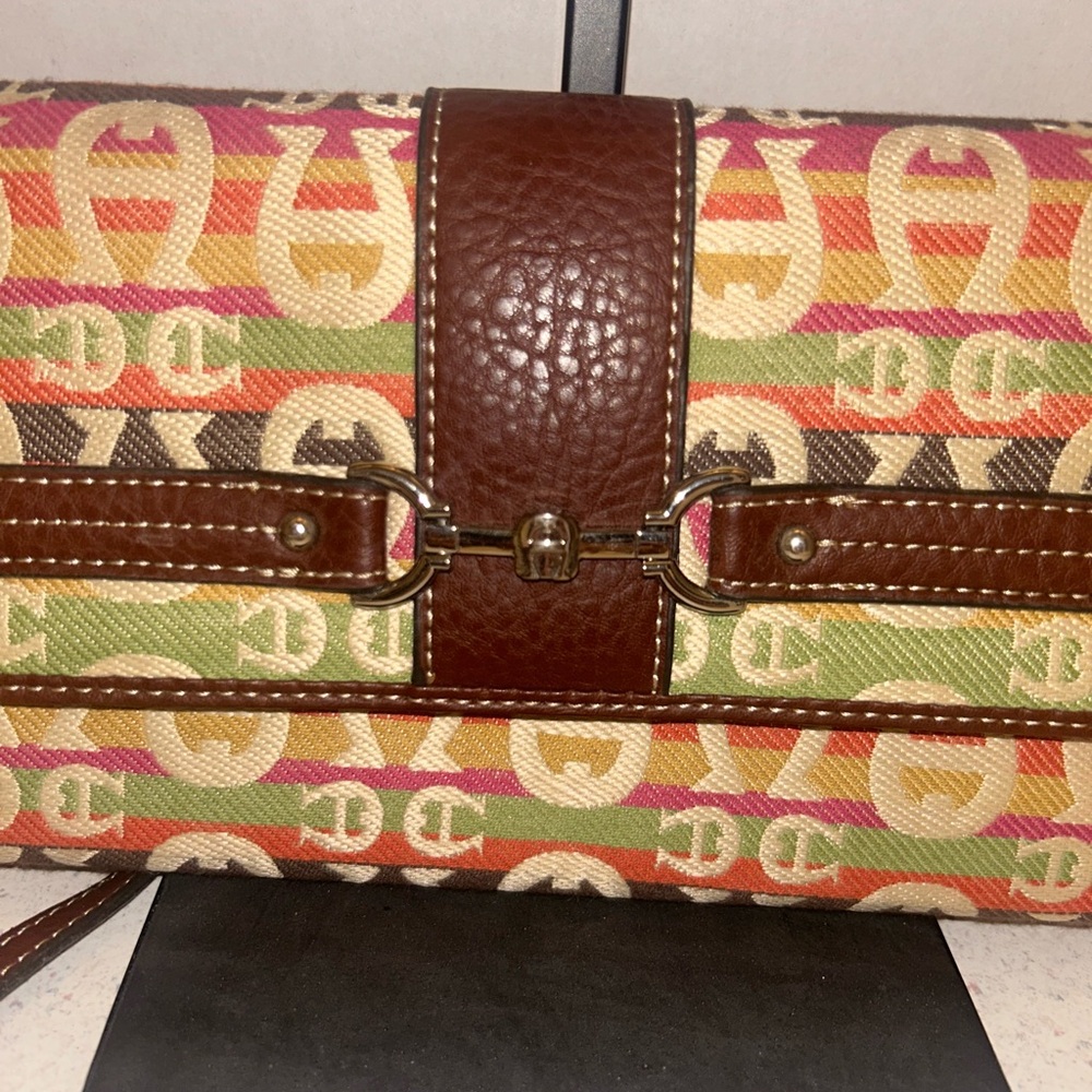Etienne Aigner Multicolor Logo Canvas Wristlet with Brown Leather Trim - Picture 3 of 12